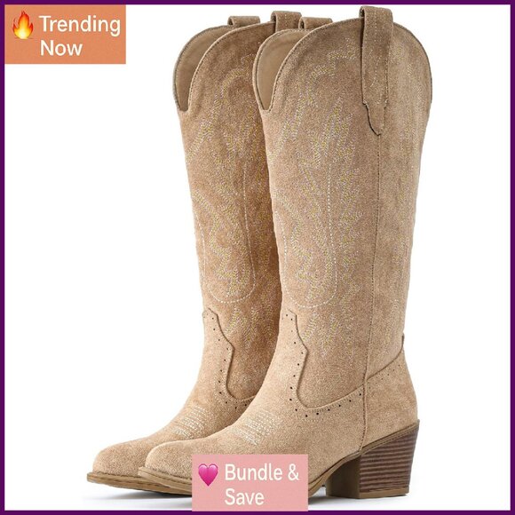 Women's Suede Cowboy Boots Chunky Heel Pointed Toe Mid Calf Western Embroidery